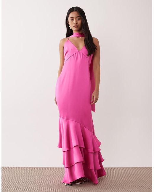 Pretty Lavish Pink Satin Cami Scarf Detail Ruffle Skirt Maxi Dress