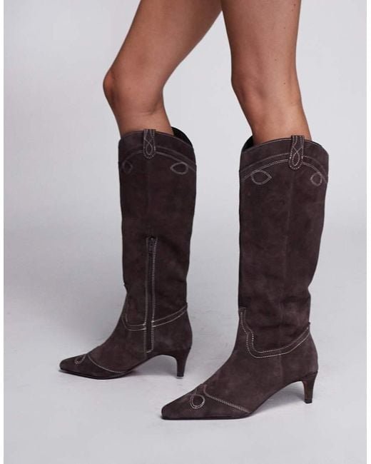 River Island Brown Knee High Heeled Suede Western Boot