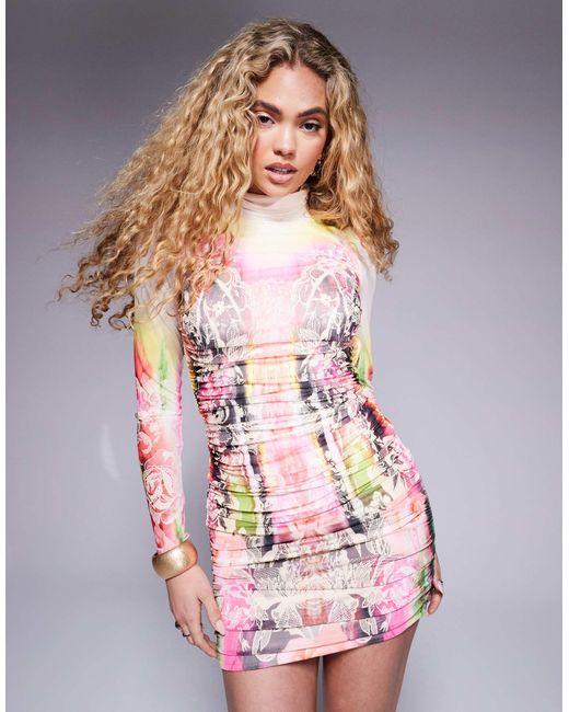 AFRM Multicolor – lavina – langärmliges minikleid mit spitzenprint im grunge-design