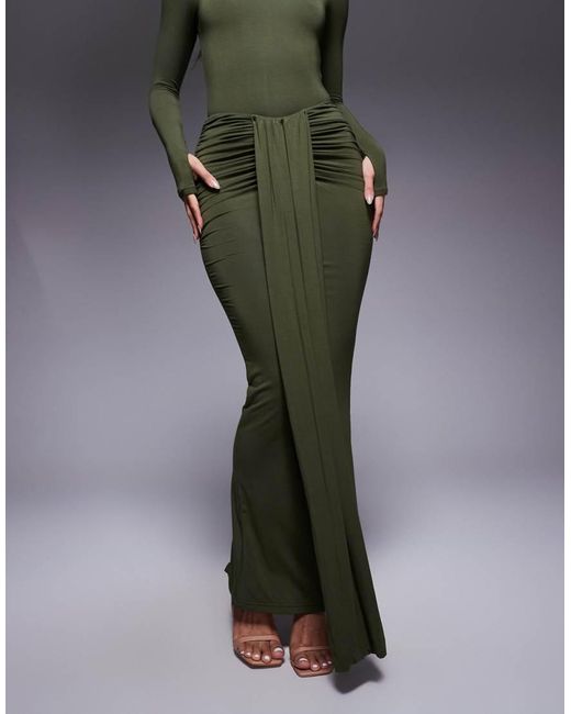 Wanderdoll Green Exclusive Nara Sculpting Second Skin Drape Front Maxi Skirt Co-ord