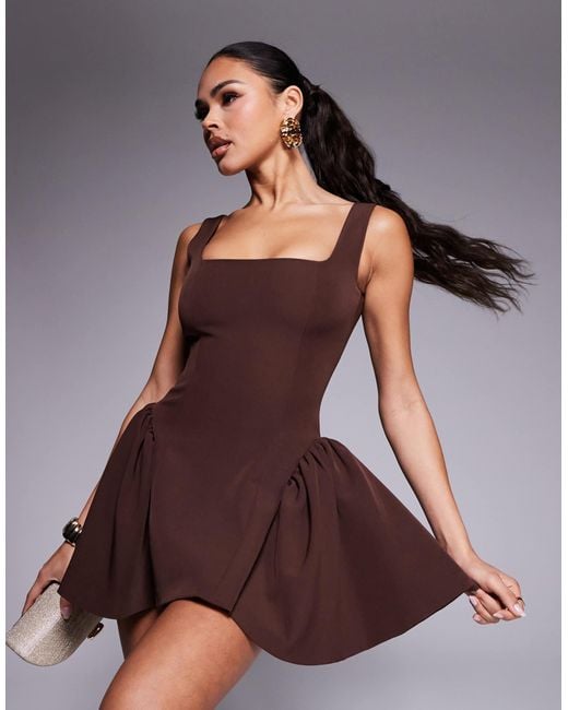 Wanderdoll Sabrina Tailored Square Neck Structured Side Pleat Mini Dress in  Brown | Lyst