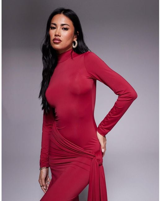 Bardot Red Alix Tie Front Long Sleeve Maxi Dress