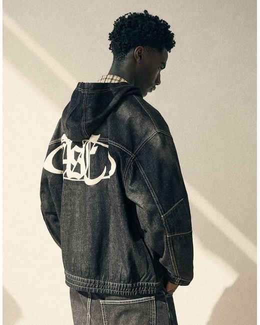 Bershka Black Denim Jacket With Hood And Back Embroidery for men