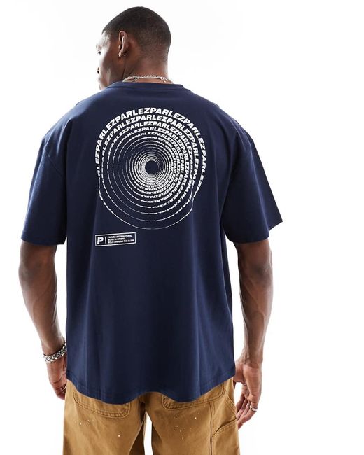Parlez Blue Luna Short Sleeve Oversized Logo T-Shirt With Back Print for men