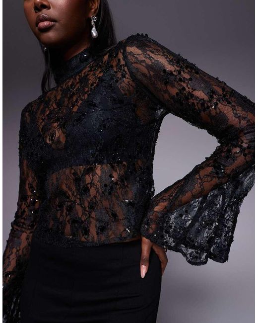 ASOS Black Delicate Lace Scatter Sequin Flare Sleeve Top With Cutout Back Detail