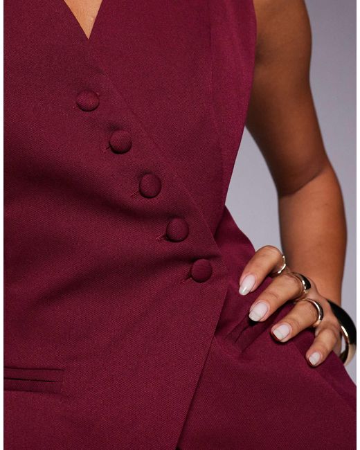 Kaiia Red Exclusive Asymmetric Button Front Sleeveless Waistcoat Top Co-ord