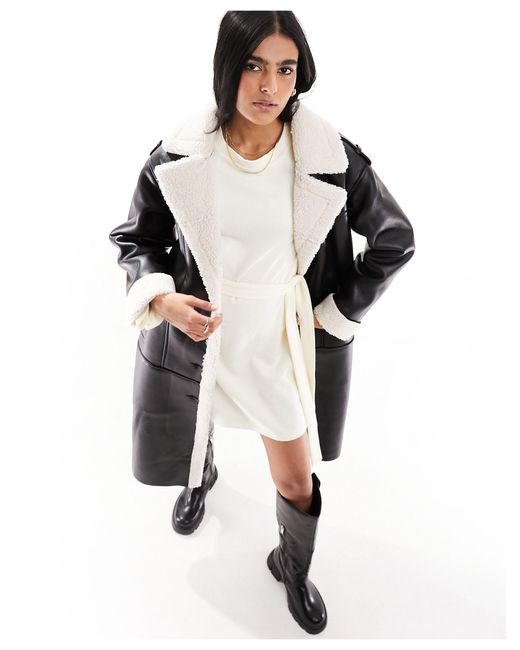 ONLY Black Faux Leather Longline Aviator Coat