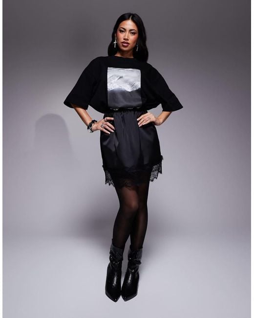 River Island Black Satin Mini Skirt With Lace Trim