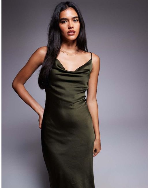 Vestido Midi Caqui Con Cuello Desbocado De Satén De -Verde New Look de color Blue