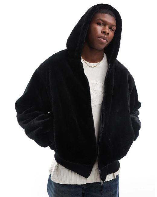 Bershka Black Soft Faux Fur Jacket With Hood for men