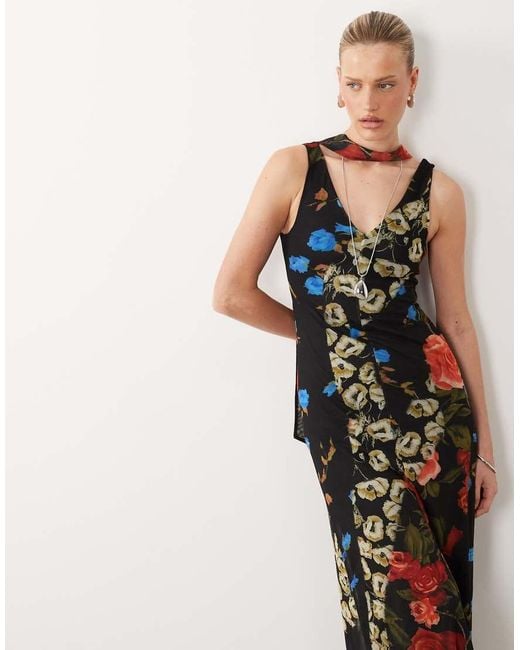 ASOS Multicolor Printed Mesh Midi Dress With Scarf Detail