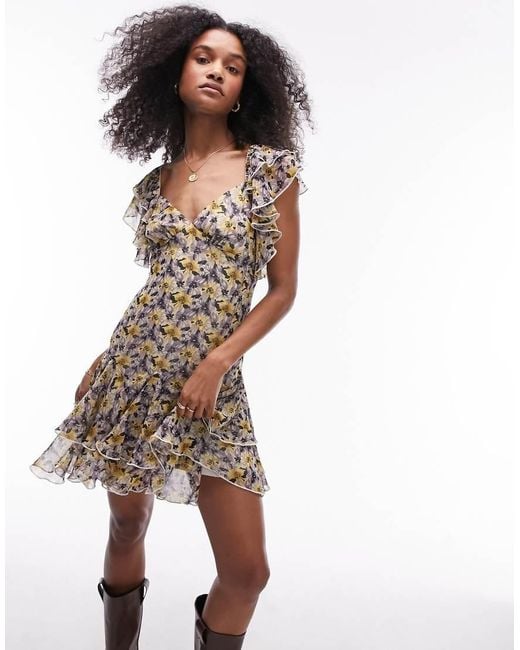 TOPSHOP Flutter Sleeve Vintage Floral Tea Dress Lyst UK