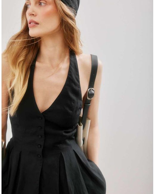 NA-KD Black Linen Lyocell Blend Halterneck Vest Top