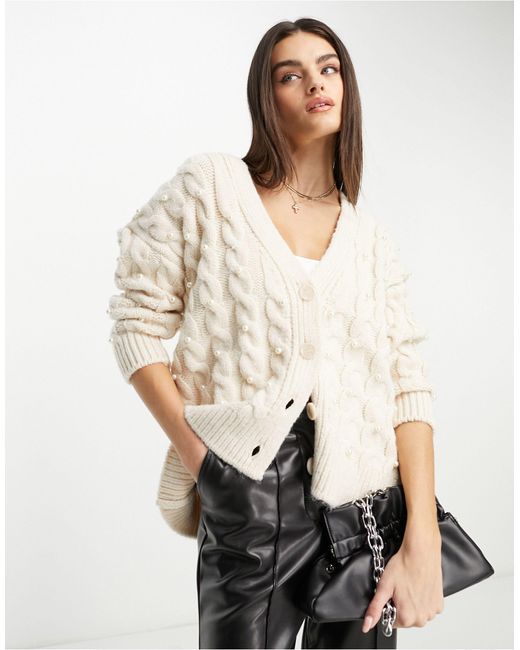 Mango White Chunky Knitted Cardigan With Faux Pearls