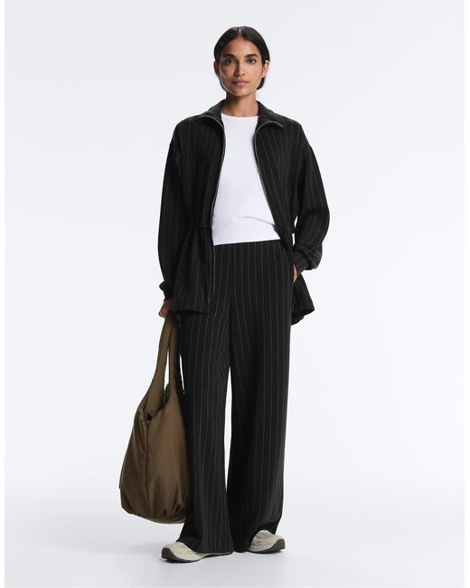Oysho Black Long Pinstripe Jacket With Adjustable Waist And Soft-touch Modal