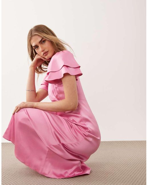 New Look Pink Flutter Sleeve Satin Midi Dress