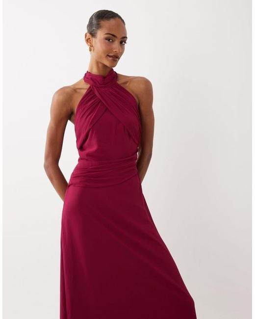 TFNC London Red Bridesmaid Chiffon Halter Neck Drape Maxi Dress