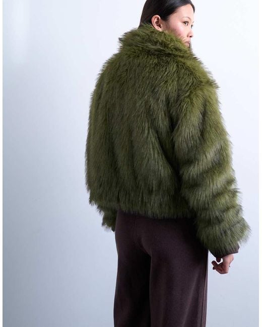 TOPSHOP Green Faux Fur Zip Thru Bomber Jacket
