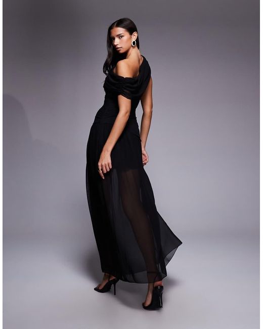 Vestido Largo Fruncido De Chifón Con Hombro Caído, Bajo Asimétrico Y Transparente De Fashionkilla de color Blue