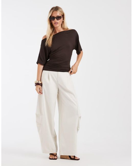 Noisy May Brown Boatneck Top With Ruched Detail