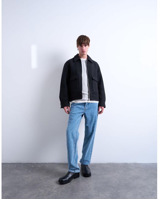 Topman Blue Wool Blend Zip Through Shacket for men