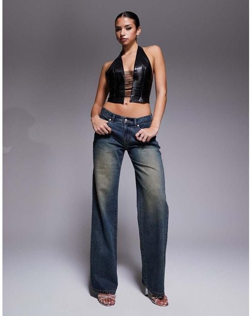 I.AM.GIA Blue Altair Leather Look Plunge Halterneck Drape Detail Top