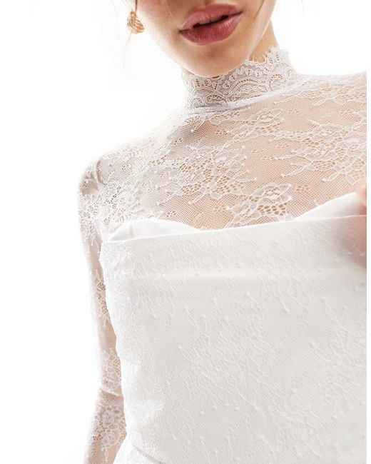 Six Stories White Bridal Lace Sleeve Structured Mini Dress