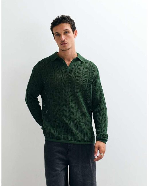 ASOS Green Loversized Long Sleeved Knitted Crochet Polo for men