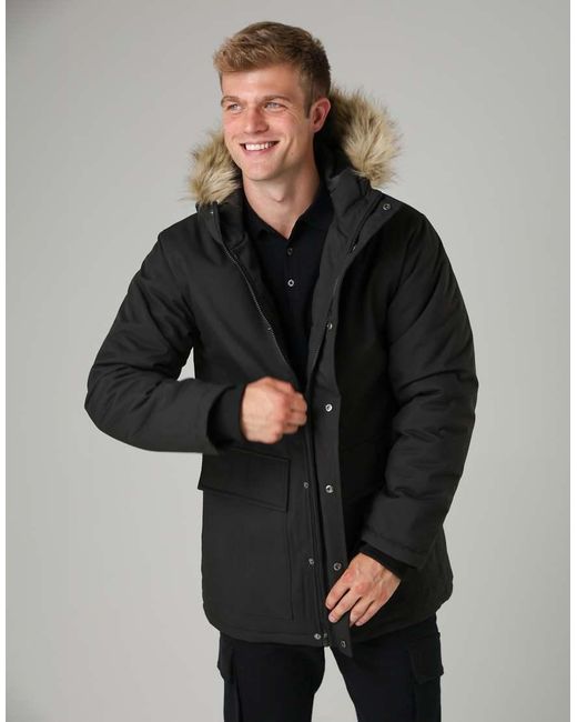 French Connection Black Faux Fur Hooded Parka Longline Zip-Through Jacket for men