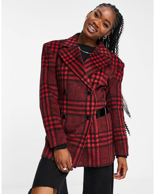 Veste style blazer a epaulettes carreaux s Miss Selfridge en coloris Rouge Lyst