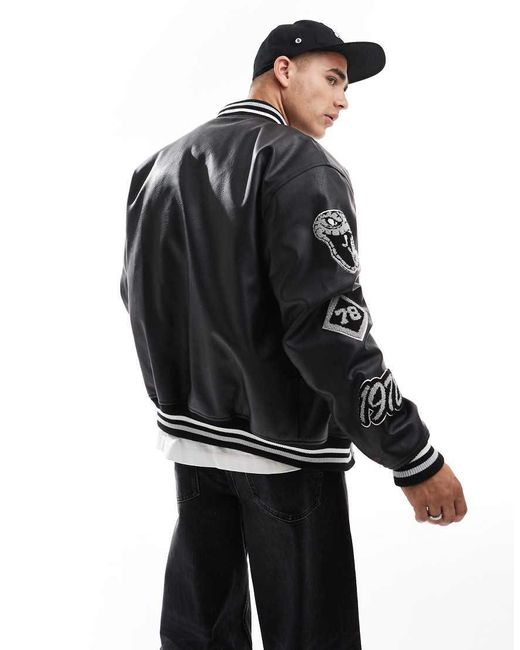 Bershka Black Faux Leather Varsity Jacket for men