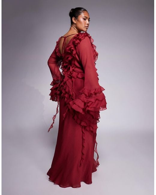 ASOS Red Asos Design Curve Chiffon Long Sleeve Asymmetric Tie Soft Ruffle Maxi Dress
