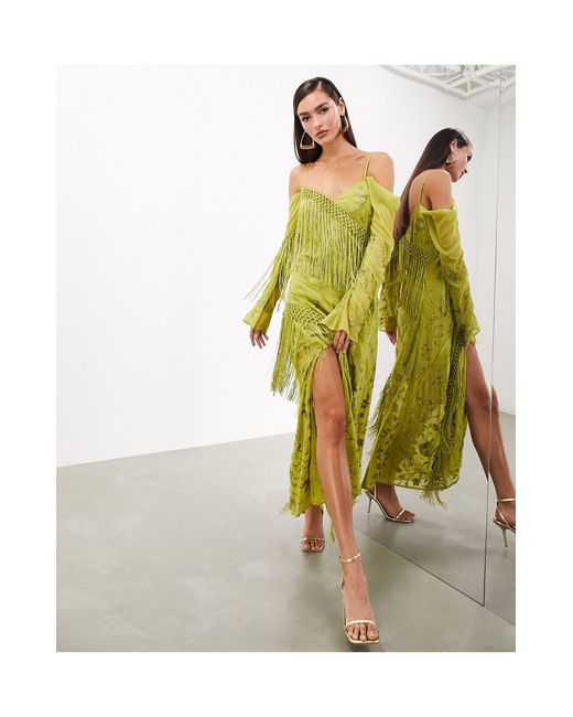 ASOS Green Floral Embroidered Long Sleeve Bias Cut Maxi Dress With Fringe