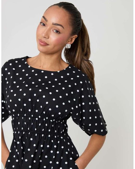 Threadbare Black Elasticated Waist Polka Dot Poplin Midi Dress