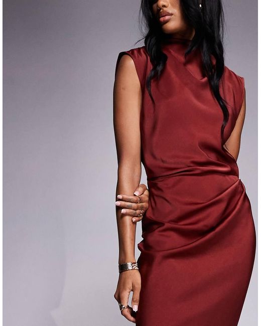 ASOS Red Asos Design Tall Satin High Neck Pleated Bodice Midi Dress