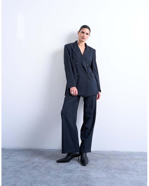TOPSHOP Blue Double-breasted Subtle Pinstripe Oversized Blazer
