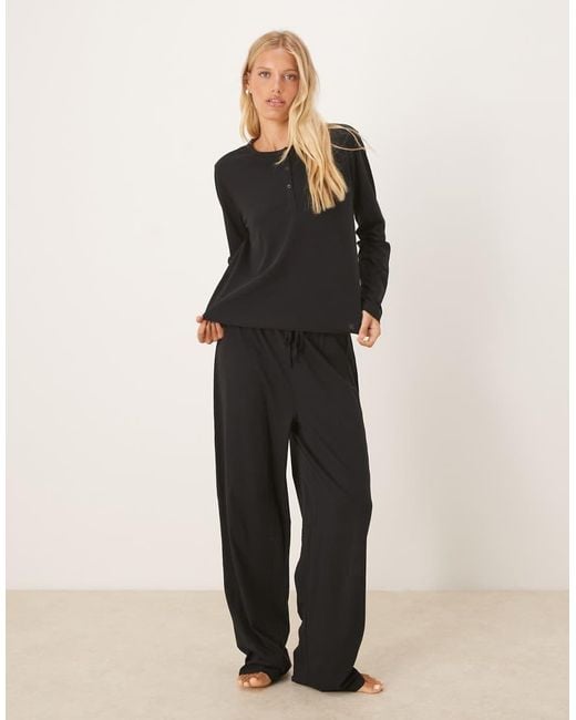 ASOS Black Mix & Match Cotton Long Sleeve Henley Pajama Top