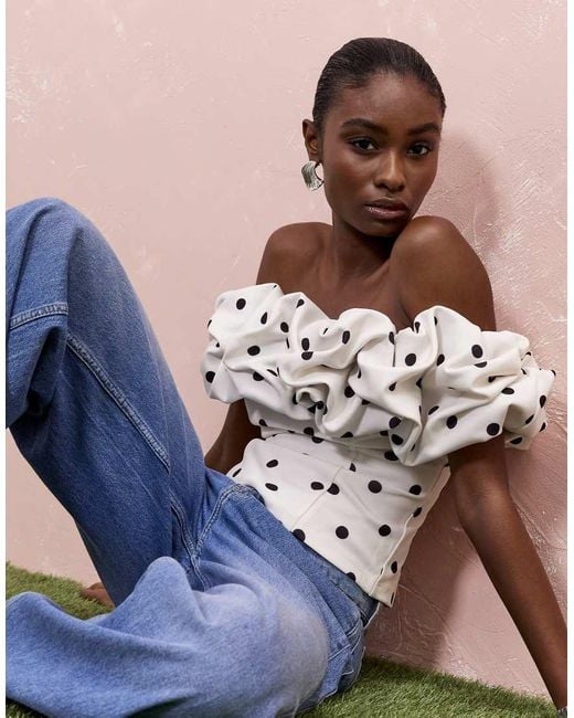 River Island Blue Polka Dot Print Ruffle Bardot Top