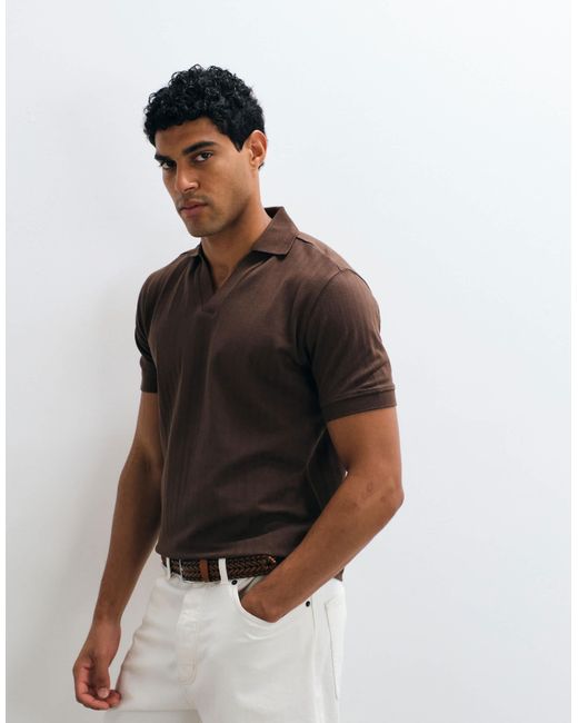 SELECTED Black Ribbed Split Neck Polo for men