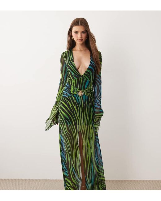 Kaiia Green Exclusive Plunge Long Sleeve Metal Hardware Detail Split Detail Maxi Dress