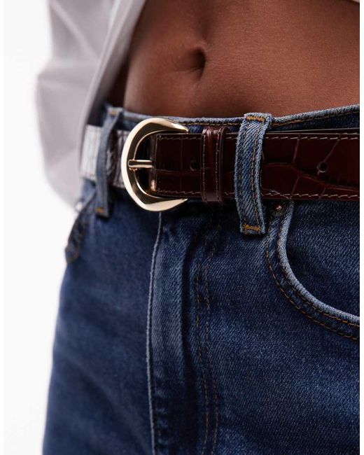 & Other Stories Blue Real Leather Croc Mid Waist Belt With Gold Buckle