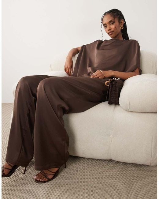 Pretty Lavish Brown Breya Satin Tailored Wide Leg Pants