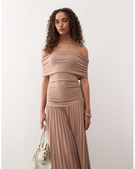 Lioness Natural Field Of Dreams Bardot Ruched Waist Pleated Drop Hem Maxi Dress