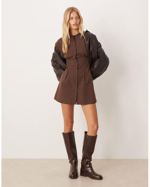 ASOS Brown Round Neck Button Through Waisted Mini Dress