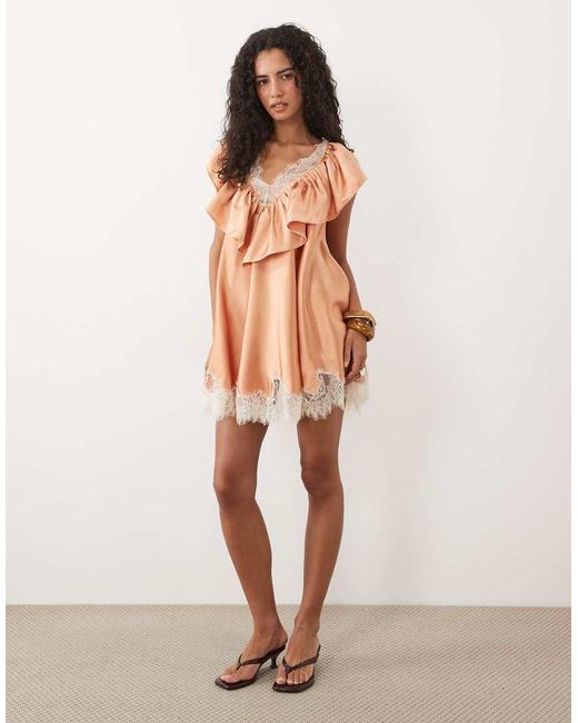 ASOS Brown V Neck Satin Ruffle Mini Dress With Lace Trim