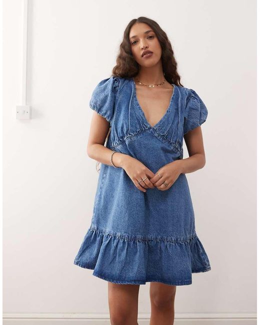 Reclaimed Vintage Blue Denim Smock Mini Dress With Puff Sleeves