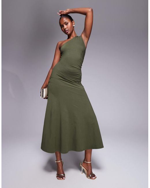 Fashionkilla Exclusive Cotton One Shoulder Ruched Side Maxi Dress in Green  | Lyst