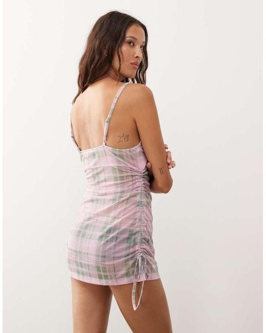 Collusion Purple Check Print Mesh Cami Dress