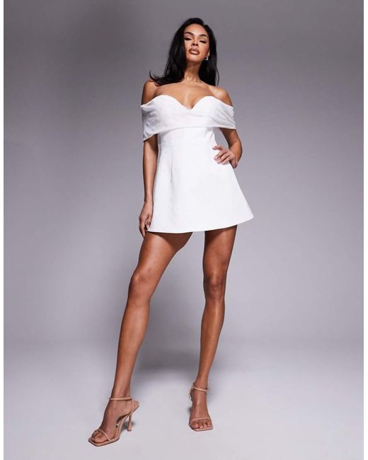 Murci White Exclusive Polka Dot Mesh Bardot Plunge Neck Mini Dress