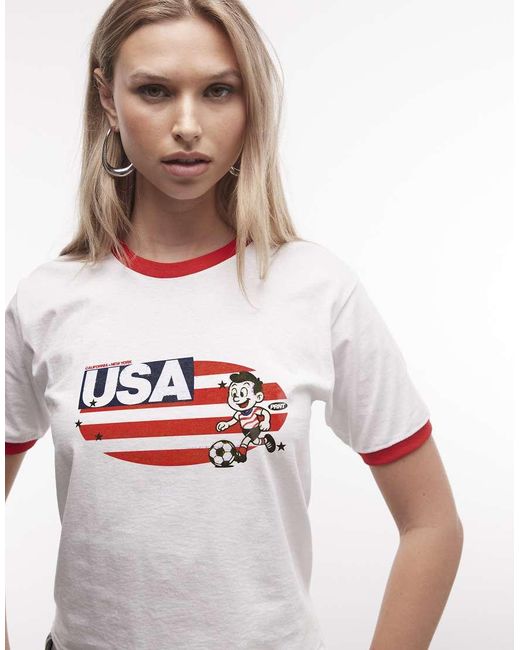 PRNT White Usa Cartoon Football Graphic Ringer T-Shirt